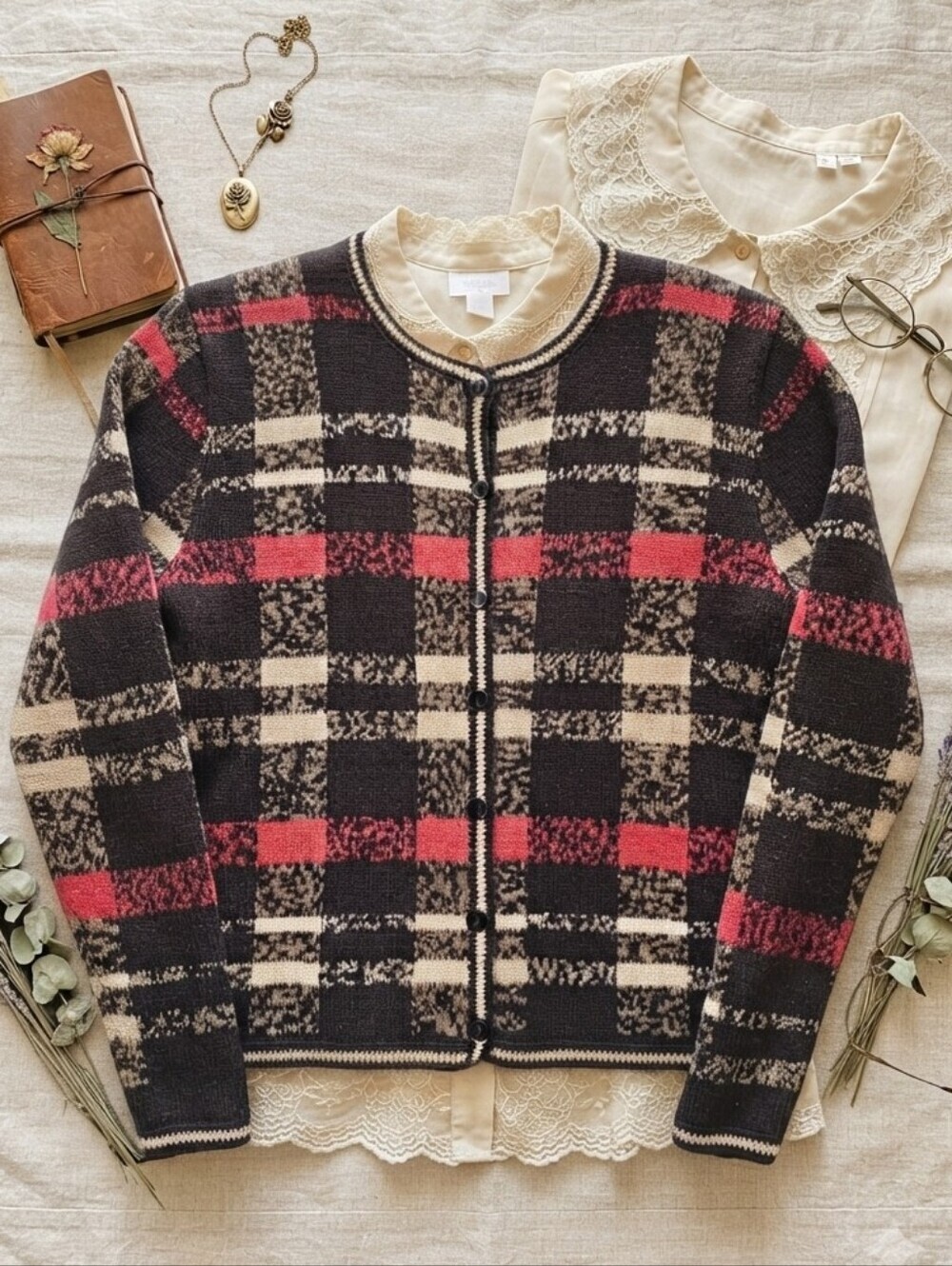Christopher & Banks Red Black Tan Cream Plaid Button Front Knit Cardigan